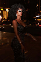 Rhinestone V-Neck Cami Ruched Fishtail Party Dress