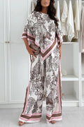 Jungle Themed Satin Unique Print Cape Top and Elastic Waist Pocket Wide Leg Pants Set