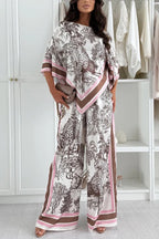 Jungle Themed Satin Unique Print Cape Top and Elastic Waist Pocket Wide Leg Pants Set