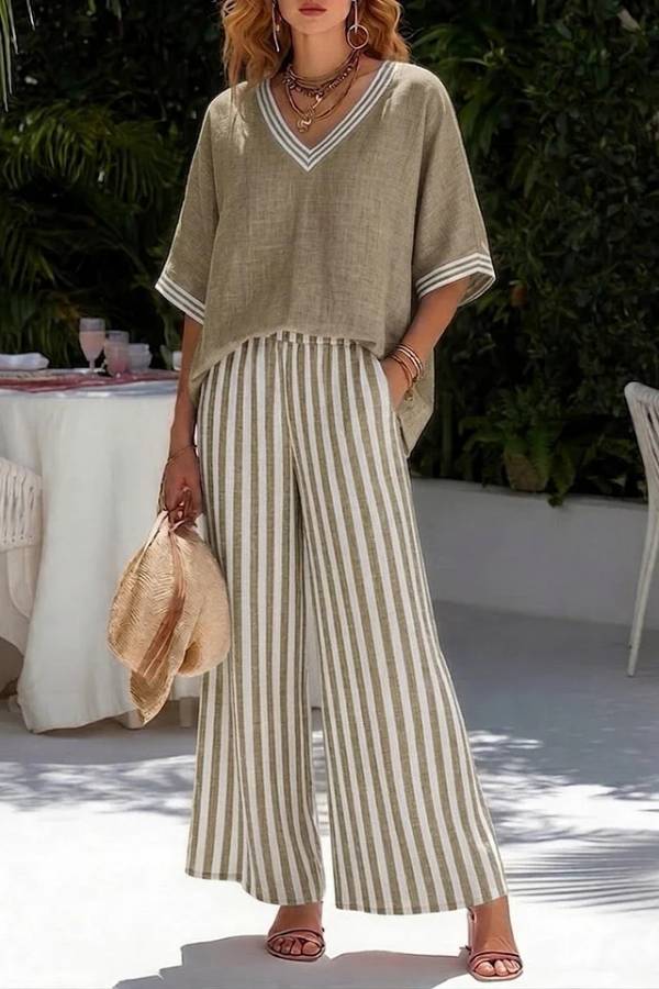 Textured Linen V-Neck Striped Wide-Leg Pants Vacation Set