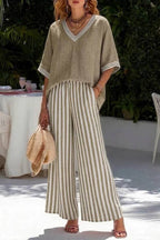 Textured Linen V-Neck Striped Wide-Leg Pants Vacation Set