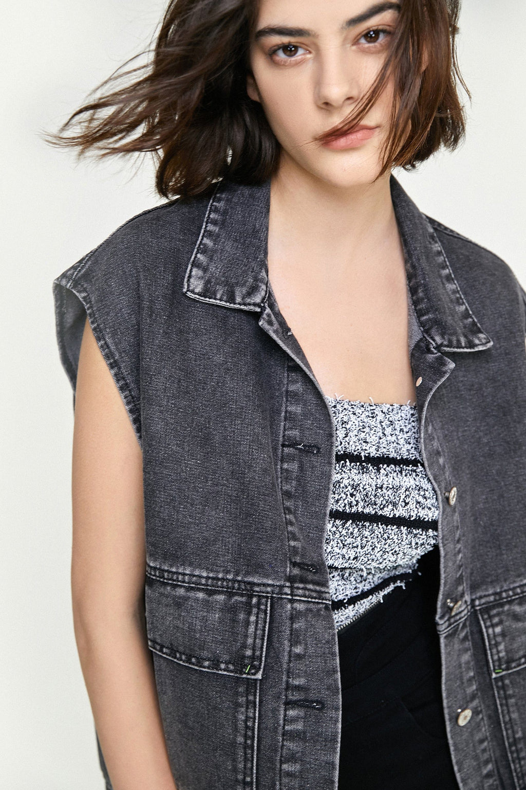 Black Collared Flap Pocket Button Front Denim Vest