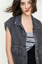 Black Collared Flap Pocket Button Front Denim Vest