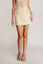 Beige Button Front Frayed Trim High Rise Denim Mini Skirt