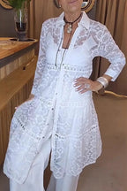 Solid Color Hollow Lace Lapel Button Long Shirt