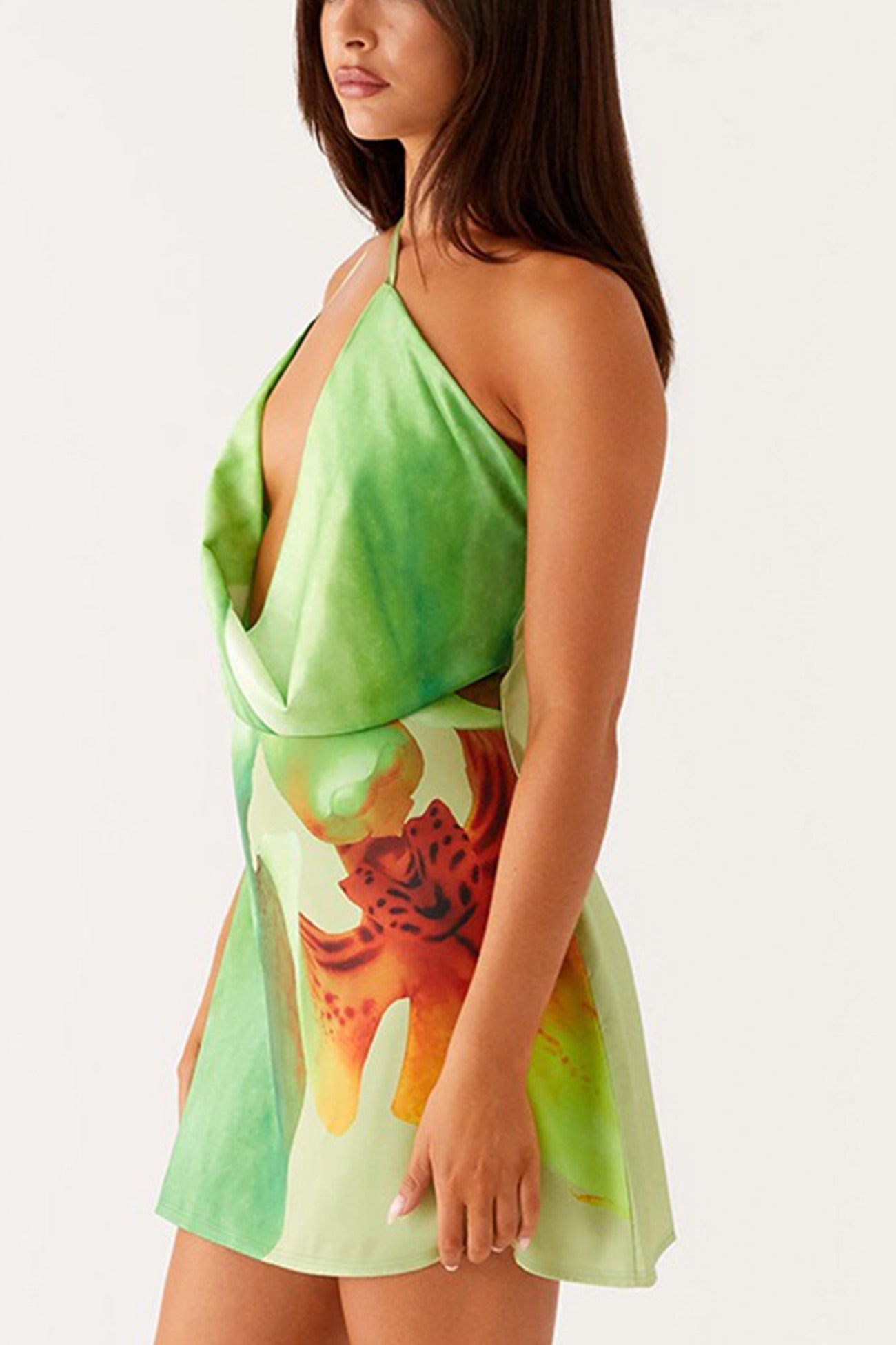 Floral Cowl Neck One shoulder Mini Dress