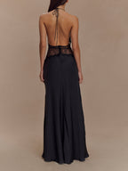 Deep V silk satin maxi dress with halterneck
