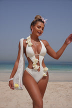 Solid Cutout 3D Floral One Piece Swimwear