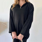Cozy Ribbed Knit with Slit-Leg Pants(Two-Piece Set)