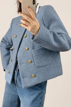 Cornflower Blue Double-Breasted Tweed Jacket With Gold Buttons