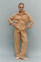 Knit Ribbed Collar Long Sleeve Loose Two Piece Set