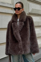 Brown Faux Fox Fur Wide Collar Mid-Length Fluffy Coat