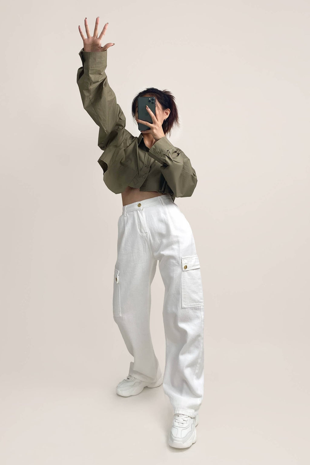 Dark Khaki Pocket Detail Cropped Shirt