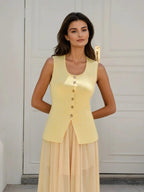 Sleeveless Square-Neck Buttoned Top With Split Hem