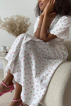 Cotton Printed V Neck Puff Sleeve Floral Dress