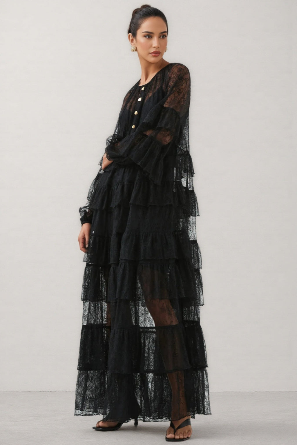 Varekx Black Round Neck Lace Maxi Dress