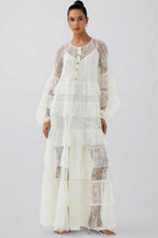 Wintk White Round Neck Lace Maxi Dress