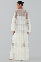 Wintk White Round Neck Lace Maxi Dress