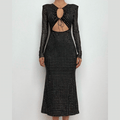 Polka dot contrast hollow out long sleeve mesh midi dress