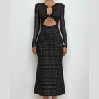Polka dot contrast hollow out long sleeve mesh midi dress