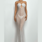 Mesh see through o ring hollow out backless tube maxi dress
