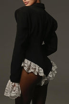 Lace Paneled Blazer Style V Neck Slim Bodysuit