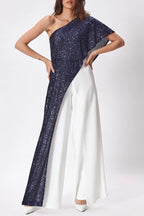 Party Favors Sequin One Shoulder Ruffle Detail Wide Leg Evening Jumpsuit