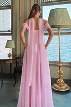 Elegant Satin Mesh Off Shoulder Prom Dress