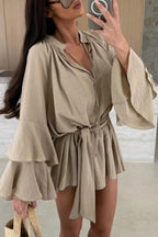 Molly Linen Blend Tiered Bell Sleeve Tie-up Cover-up Mini Dress