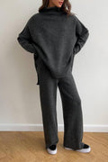 High-neck loose-fitting knit sweater and wide-leg pants two-piece set