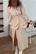 Puff Sleeve V Neck Ruffled Belted Split Elegant Floral Dress