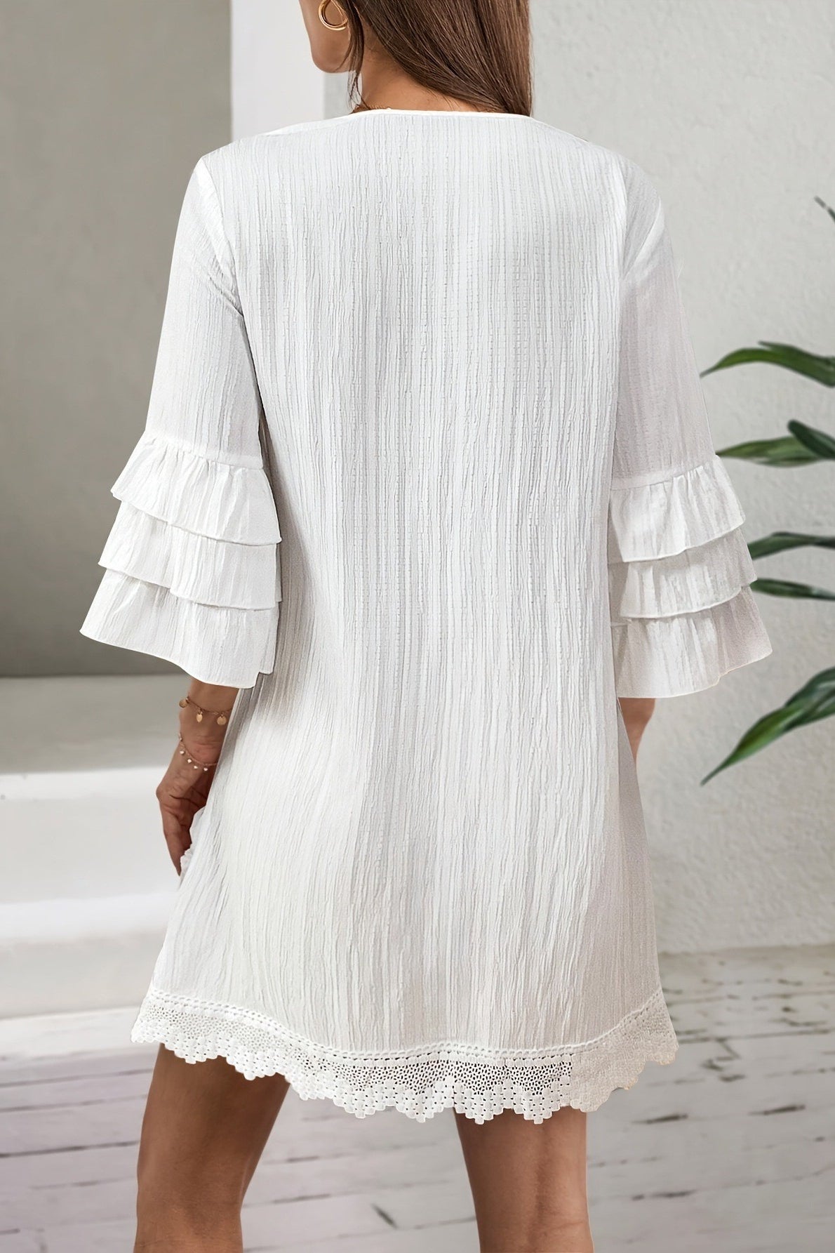 Tassel Pom Pom Ruffle Sleeve Lace Detail Boho Dress