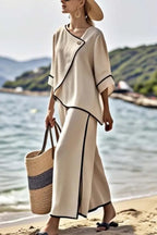 Stylish Color Trim Asymmetrical Casual Top and Elastic Waist and Wide-leg Pant Set