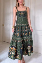 Tropical Look Linen Blend Floral Print Square Neck Back Smocked Midi Dress