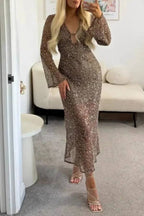 Sequined V-Neck Flared Sleeve Bodycon Maxi Dress