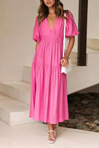 V-neck Puff Sleeve Elastic Waist Tiered Maxi Dress