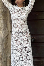 Island Break Crochet Flower Pattern Long Sleeve Backless Vacation Maxi Dress