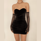 Heart neck velvet dress with mesh gloves