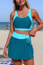 Stylish Color-blocked High-waisted Tie-up Stretch Two-piece Bikini Swimsuit