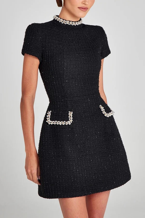 Leslie Timeless Exquisite and Playful Mini Dress Made of Tweed Fabric with Beaded Trim, Short Sleeves and Pockets Elevated Occasion Wear