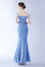 Velvet Sequin Ostrich Feather Off Shoulder Formal Dress