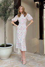 Puff Sleeve Slim Waist Long Floral Dress