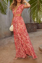 Soleil Printed Cutout Ruffle Maxi Dress