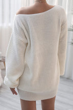 Ribbed Knit Boat Neck Long Sleeve Loose Mini Dress