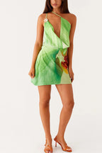 Floral Cowl Neck One-shoulder Mini Dress