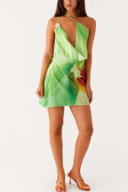 Floral Cowl Neck One shoulder Mini Dress