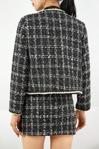 Black Plaid Tweed Fake Flap Pocket Jacket & Skirt Two-Piece Set