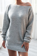 Ribbed Knit Boat Neck Long Sleeve Loose Mini Dress
