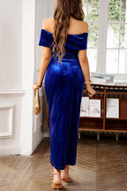 Solid Color Velvet Off-shoulder Slim-fit Elegant Slit Midi Dress