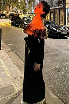 Sexy Off-shoulder Leopard Print Fur Trim Bodycon Maxi Dress